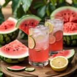 Close-up of watermelon lemonade in a mason jar with a striped straw and watermelon wedge