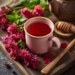 Mug of steaming bee balm tea with fresh bee balm flowers on a rustic wooden table.