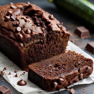 Slice of moist double chocolate zucchini bread with chocolate chips