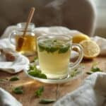 Cup of steaming lemon balm tea with fresh lemon balm leaves on the saucer.