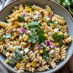 Colorful Mexican street corn pasta salad with lime wedges and fresh cilantro on a rustic wooden table