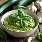 Creamy zucchini pesto served in a bowl with fresh basil and pine nuts