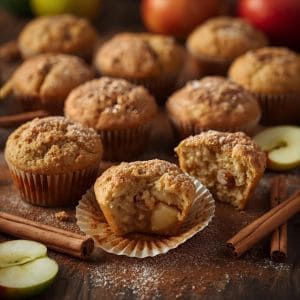freshly baked apple cinnamon muffins on a rustic wooden table