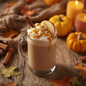 caramel apple latte topped with whipped cream and caramel drizzle