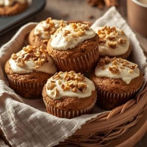 Carrot cake muffin split in half showing moist texture inside.