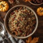 cranberry rice pilaf with herbs served in a white bowl on a holiday table