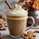 Mug of homemade gingerbread latte topped with whipped cream and cinnamon stick