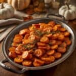 close-up of honey glazed carrots with golden glaze and thyme sprigs