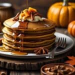 Table with fall breakfast foods including muffins and pancakes