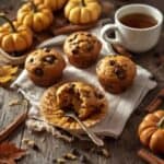 Freshly baked pumpkin muffins on a rustic wooden table