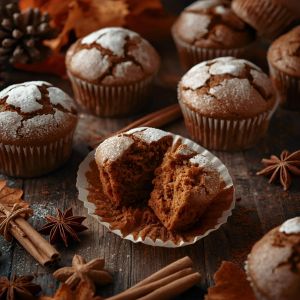 freshly baked gingerbread muffins topped with powdered sugar on a rustic table