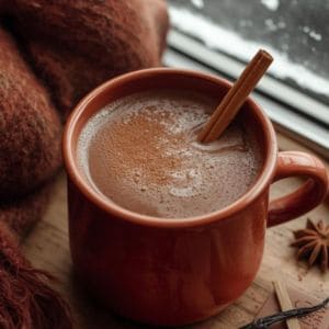 Mug of authentic Mexican hot chocolate topped with cinnamon sticks and cocoa powder on a rustic table.