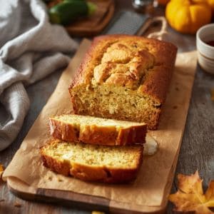 Slices of moist pineapple zucchini bread on a wooden cutting board