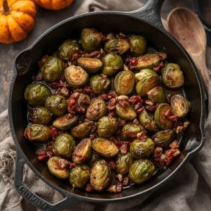Roasted Brussels sprouts with maple syrup and crispy bacon pieces