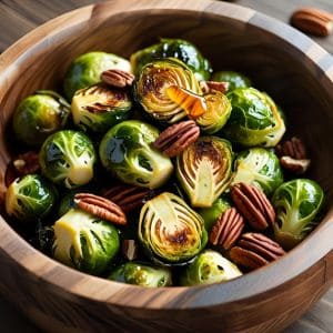 Roasted Brussels sprouts drizzled with maple glaze on a serving platter