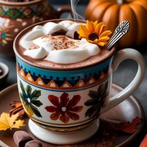 Mug of Mexican hot chocolate with cinnamon stick and autumn leaves in background