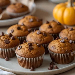 Freshly baked pumpkin chocolate chip muffins on a cooling rack