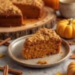 pumpkin coffee cake with crumb topping and drizzle of glaze on a rustic plate