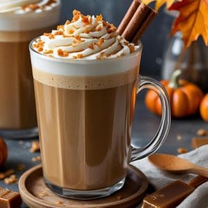 Mug of homemade salted caramel latte topped with caramel drizzle and sea salt