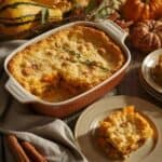 Butternut squash casserole in a baking dish topped with breadcrumbs and herbs