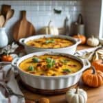 Baked squash casserole with golden cracker topping in a fall kitchen setting
