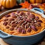 Homemade sweet potato casserole topped with pecans for Thanksgiving dinner