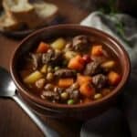 Crockpot filled with beef stew and vegetables ready to serve.