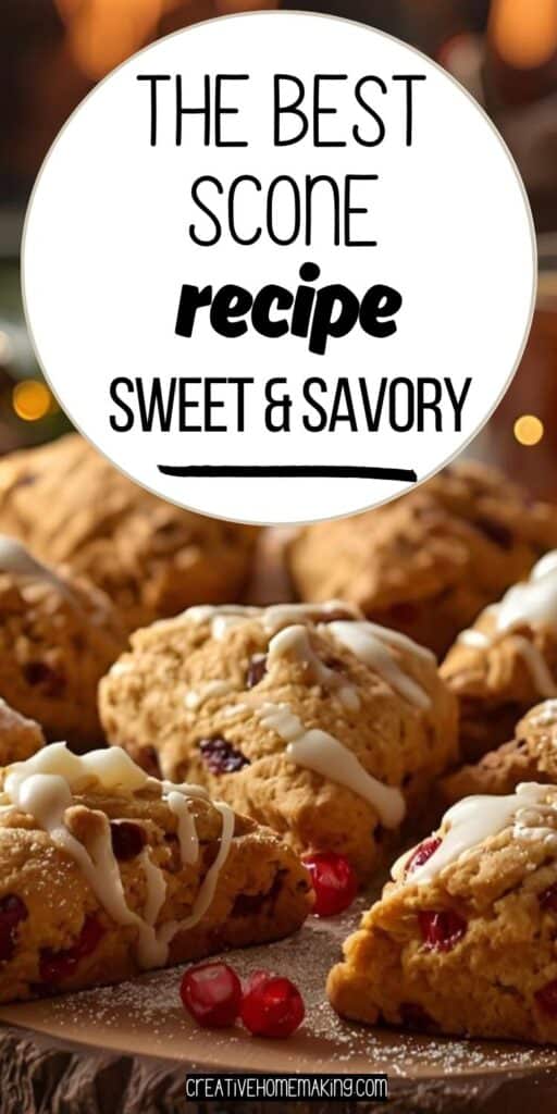 Golden scones cooling on a baking rack with holiday decorations