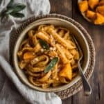 Creamy butternut squash pasta topped with parmesan and sage on a rustic fall table.