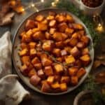 Bowl of roasted butternut squash soup with herbs on top