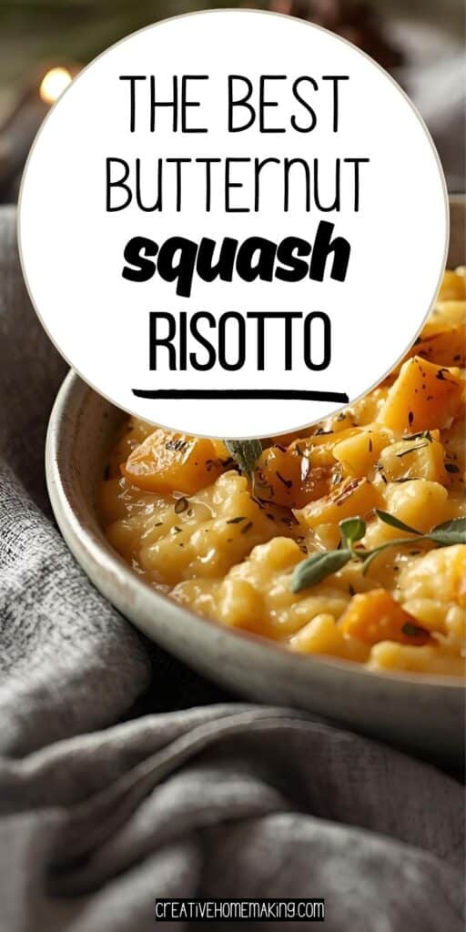 Bowl of golden risotto with chunks of butternut squash and fresh herbs in a winter kitchen.