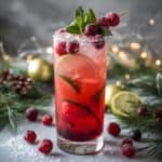 Glass of cranberry mojito with mint and cranberries on holiday table
