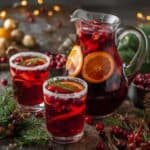 Glass of red cranberry sangria with oranges and cranberries