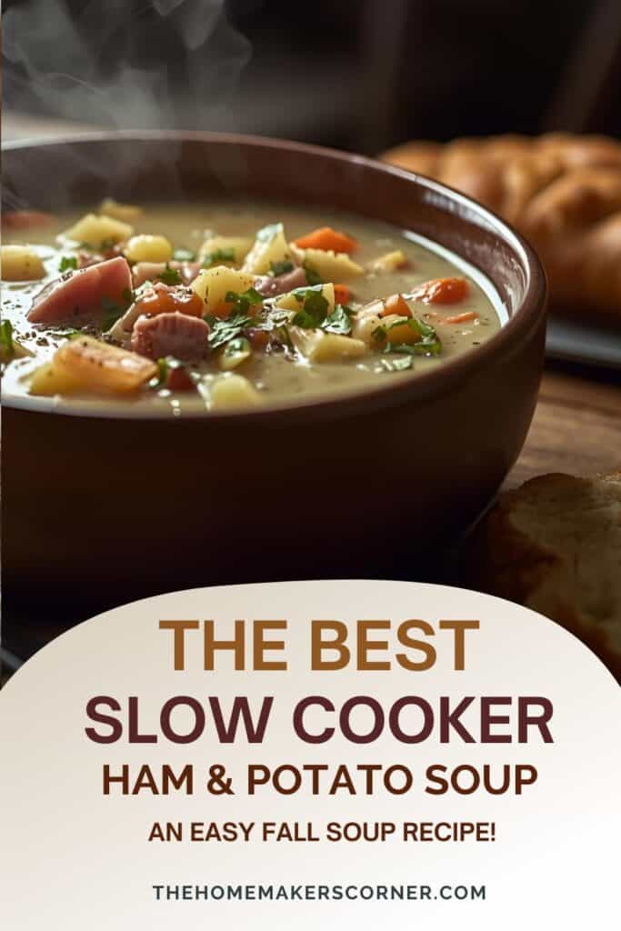 Creamy ham and potato soup served with crusty bread and sprinkled with fresh herbs