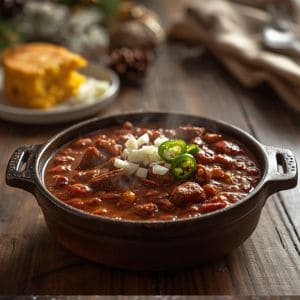 Bowl of hearty homemade Texas chili topped with shredded cheese and green onions