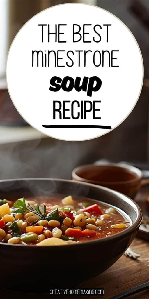 Top-down view of minestrone soup in a white bowl with a spoon and fresh herbs.