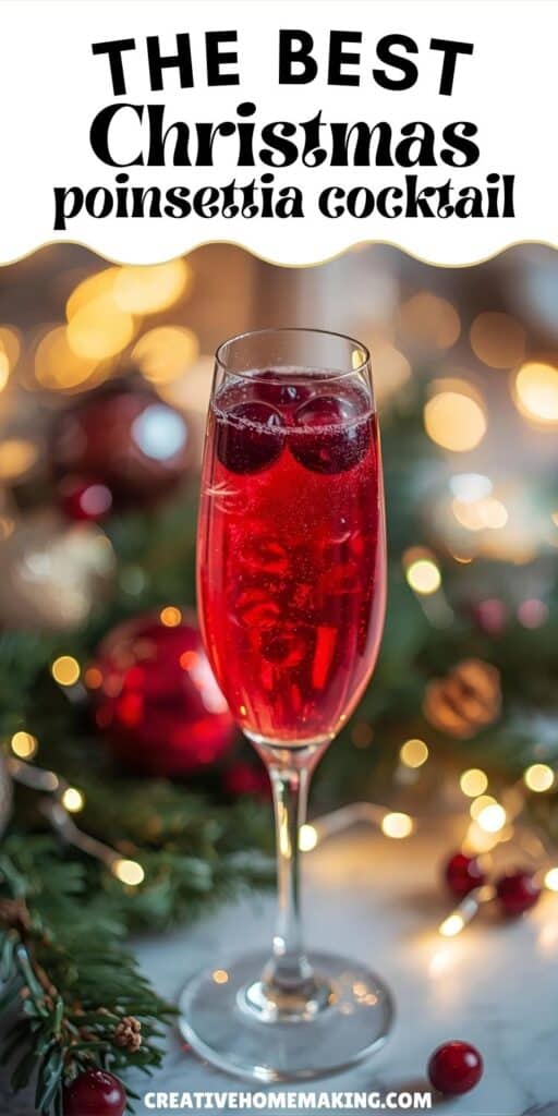 Holiday poinsettia cocktail garnished with cranberries and rosemary sprig