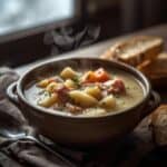Collage of different creamy potato soups in bowls