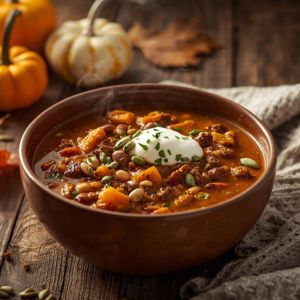 Close-up of pumpkin chili in a rustic bowl with cornbread on the side