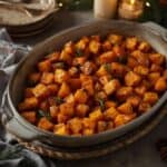 Bowl of roasted butternut squash cubes with holiday decor.