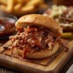 Tender pulled pork cooked in a slow cooker with BBQ sauce.