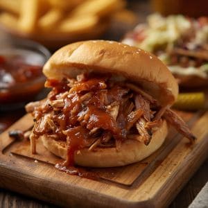 Tender pulled pork cooked in a slow cooker with BBQ sauce.