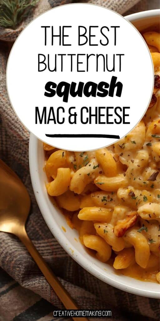 Creamy mac and cheese with roasted butternut squash and herbs in a white baking dish.