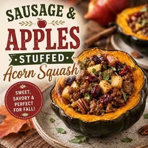 Looking for comforting fall recipes made with wholesome ingredients? This sausage and apple stuffed acorn squash combines roasted winter squash with savory sausage, fresh apples, dried cranberries, nuts, and herbs for a delicious from scratch living meal that's perfect for a cozy autumn dinner.