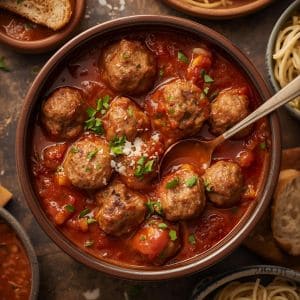 Crockpot filled with Italian meatballs and rich tomato sauce