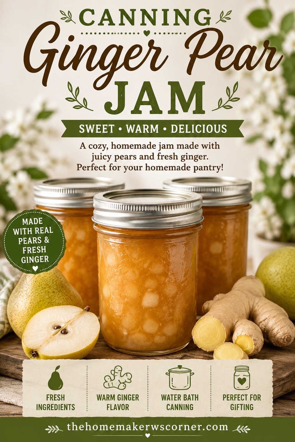 Fill your pantry with homemade goodness! This flavorful ginger pear jam is made with ripe pears and fresh ginger for a unique preserve that's delicious on toast, biscuits, oatmeal, and even roasted pork. A must-have recipe for every homemade pantry.