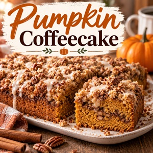 This easy pumpkin coffeecake is topped with a buttery pecan streusel and sweet glaze. A cozy fall recipe that's perfect for breakfast, brunch, or an afternoon cup of coffee and fits right into simple homemade living.