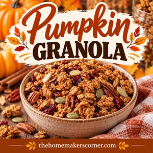 This pumpkin granola is full of crunchy clusters, toasted pecans, pumpkin seeds, and sweet dried cranberries. It's an easy homemade fall recipe that's perfect for breakfast, afternoon snacking, or adding a little autumn flavor to your yogurt.