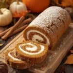 Pumpkin roll dusted with powdered sugar on parchment paper