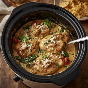 Crockpot Tuscan chicken served with pasta and fresh basil garnish.